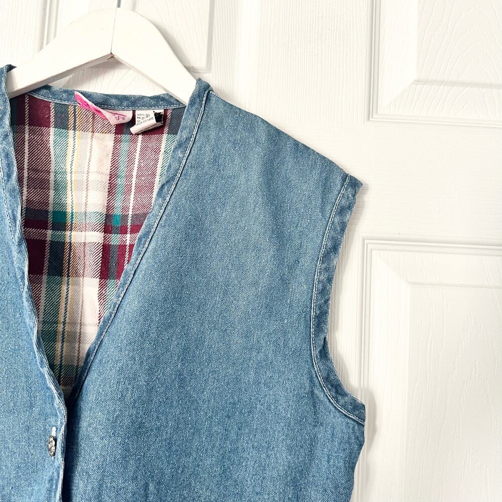 Metro Express Vintage Denim Chambray Red Plaid Flannel Back Button Vest L 14/16 - Picture 4 of 12